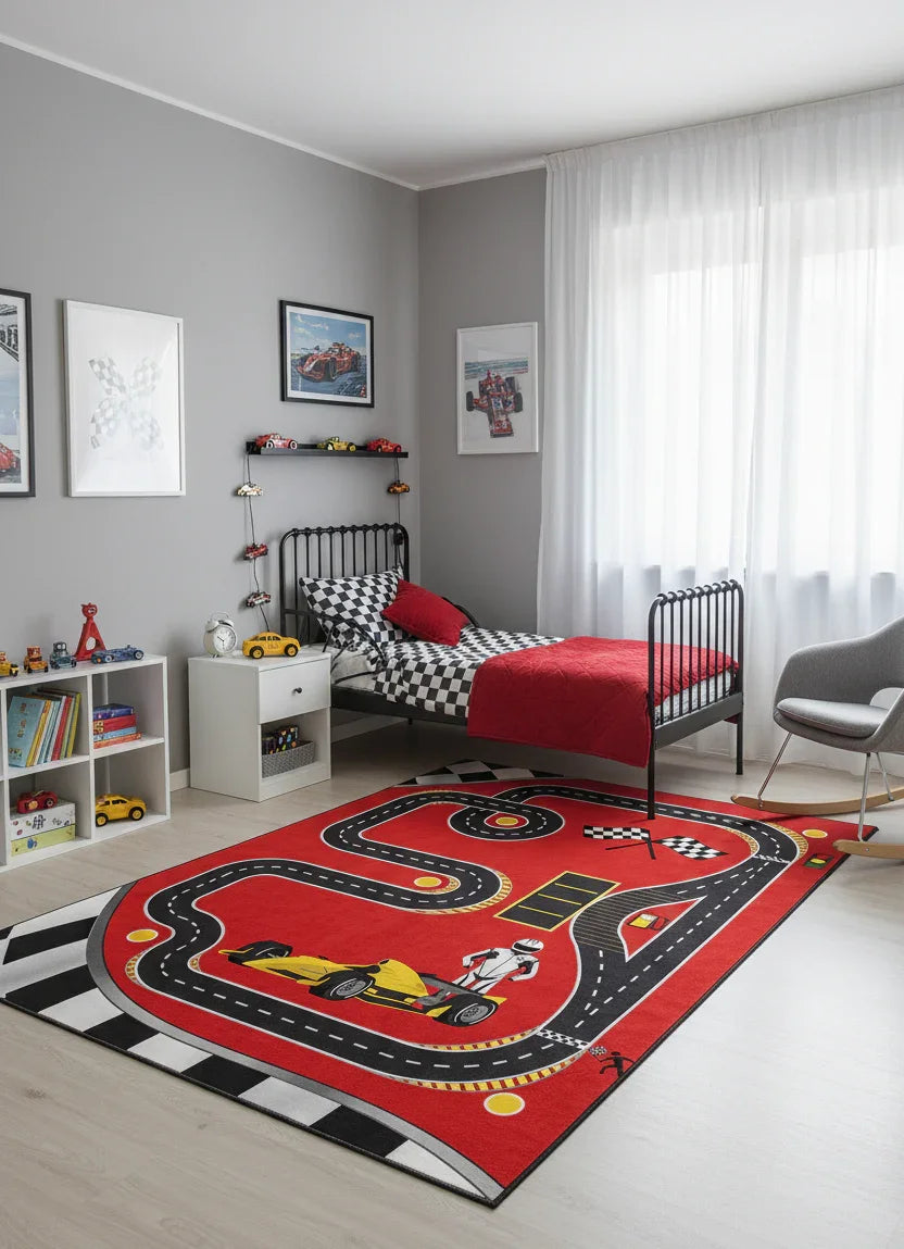 Eğlenceli Yarış Pisti Desenli F1 Çocuk Halısı-Pera Halı