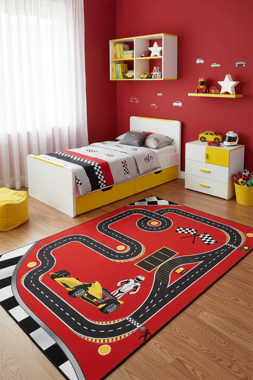 Eğlenceli Yarış Pisti Desenli F1 Çocuk Halısı-Pera Halı