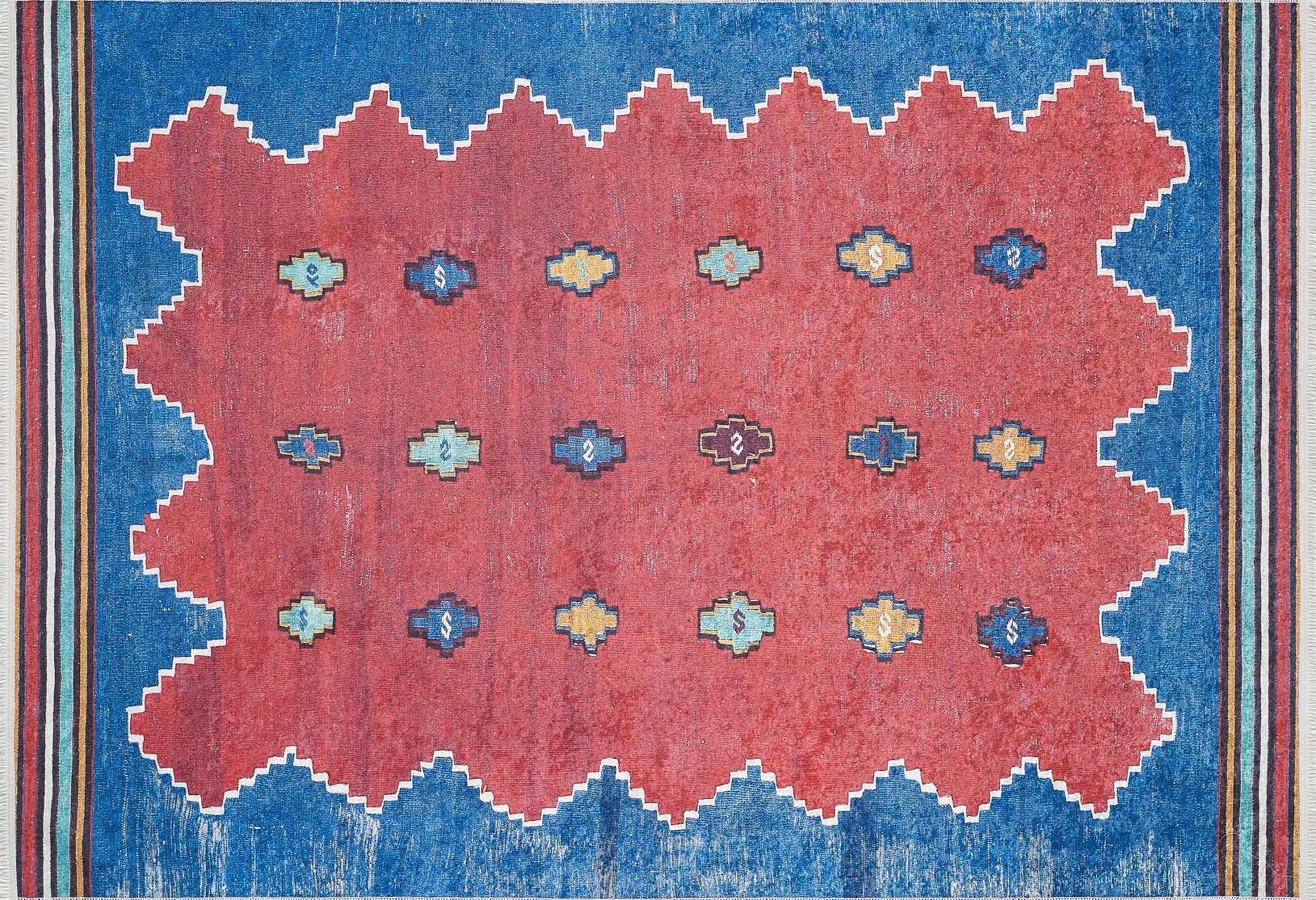 Kırmızı Mavi Geometrik Desenli Düz Dokuma Kilim Halı - Pera Halı