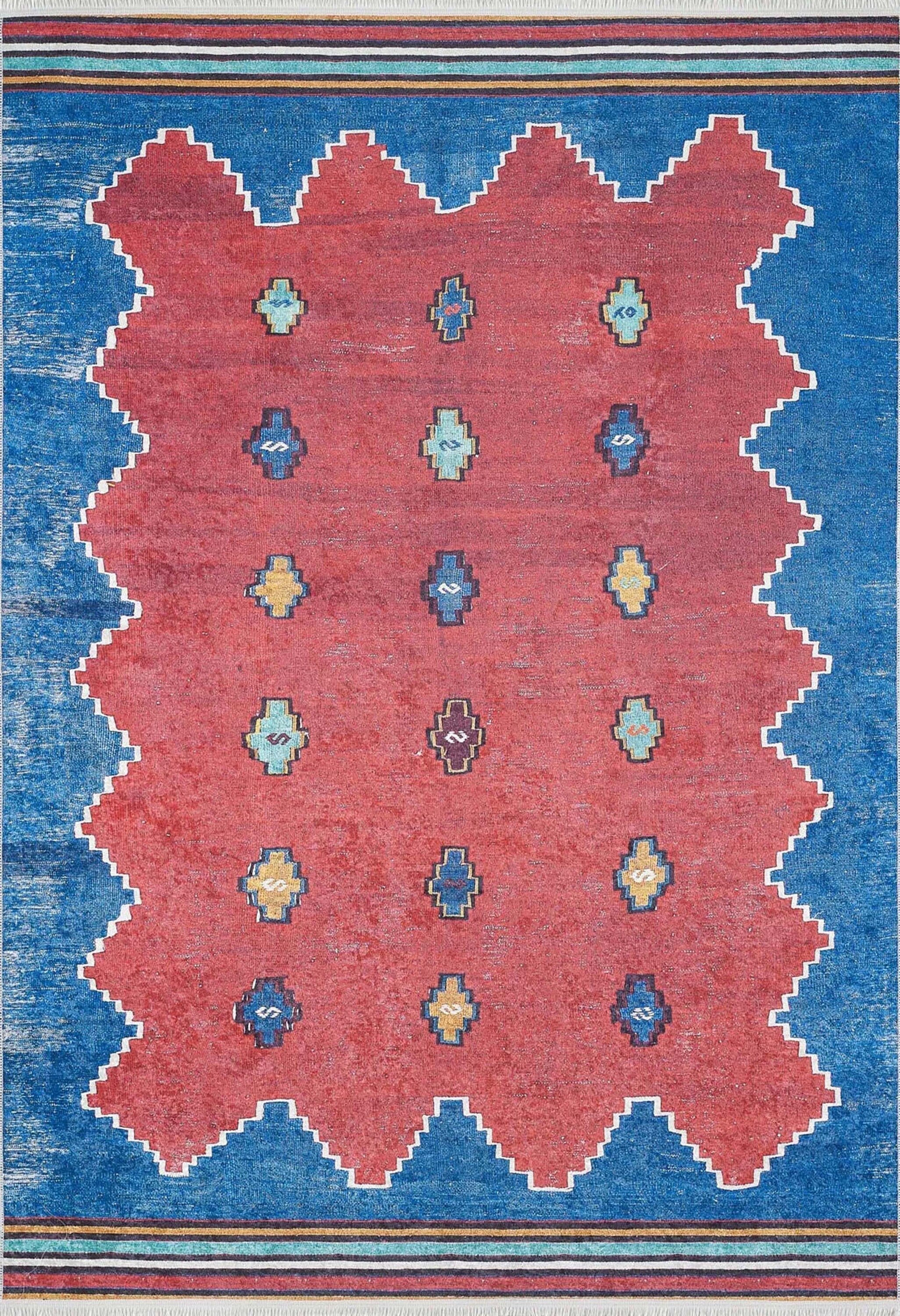 Kırmızı Mavi Geometrik Desenli Düz Dokuma Kilim Halı - Pera Halı