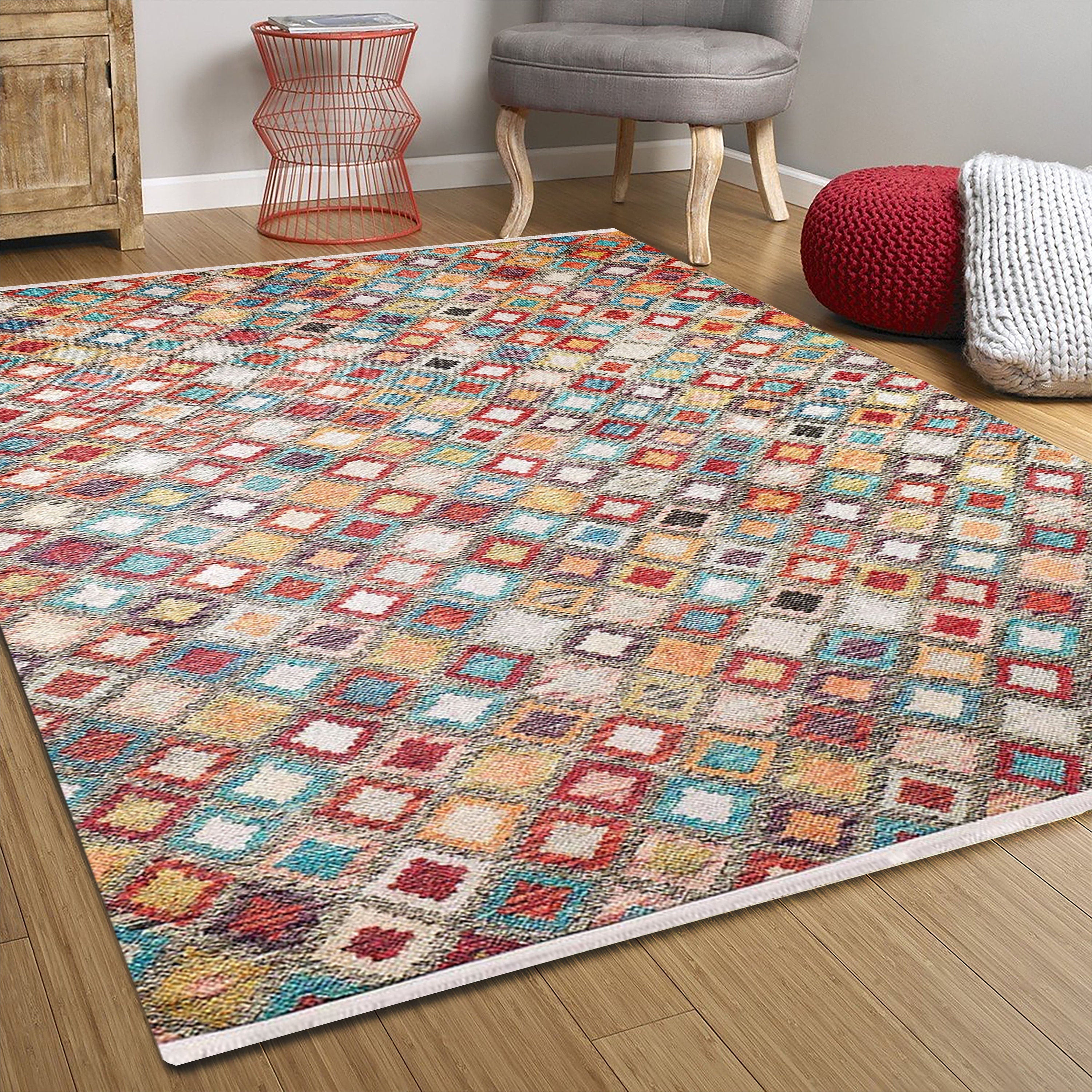 Renkli Kare Desenli Anadolu Kilim Halı - Pera Halı