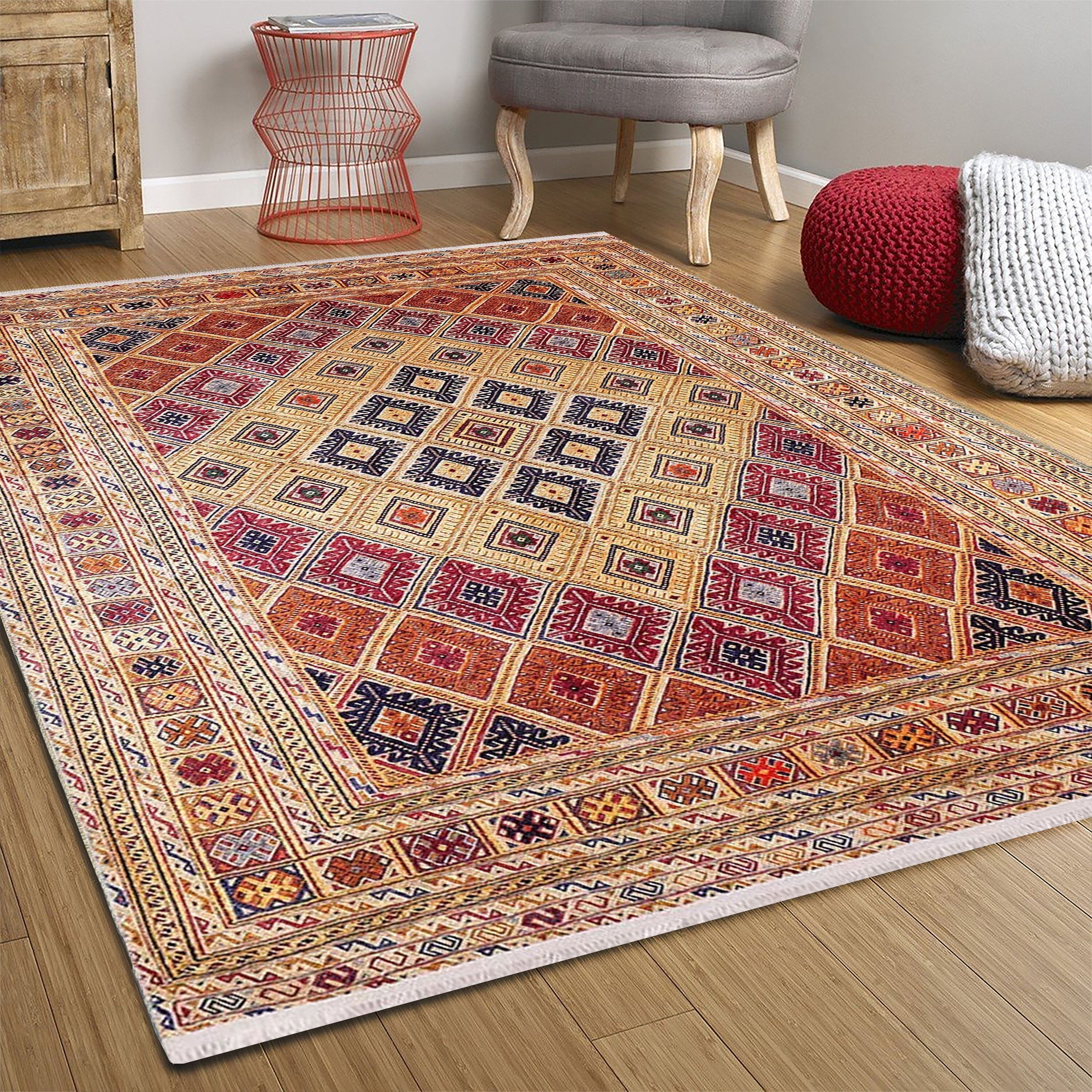 Soluk Turuncu Bej Geometrik Desenli Anadolu Kilim Halı - Pera Halı