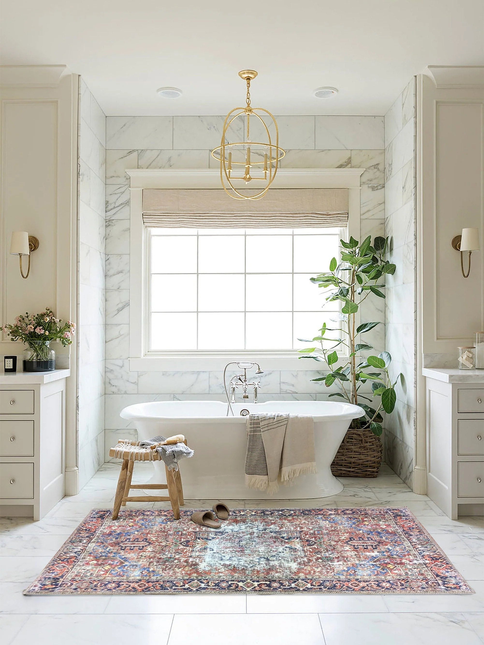 Terracotta ve Lacivert Eskitme Medalyonlu Vintage Halı