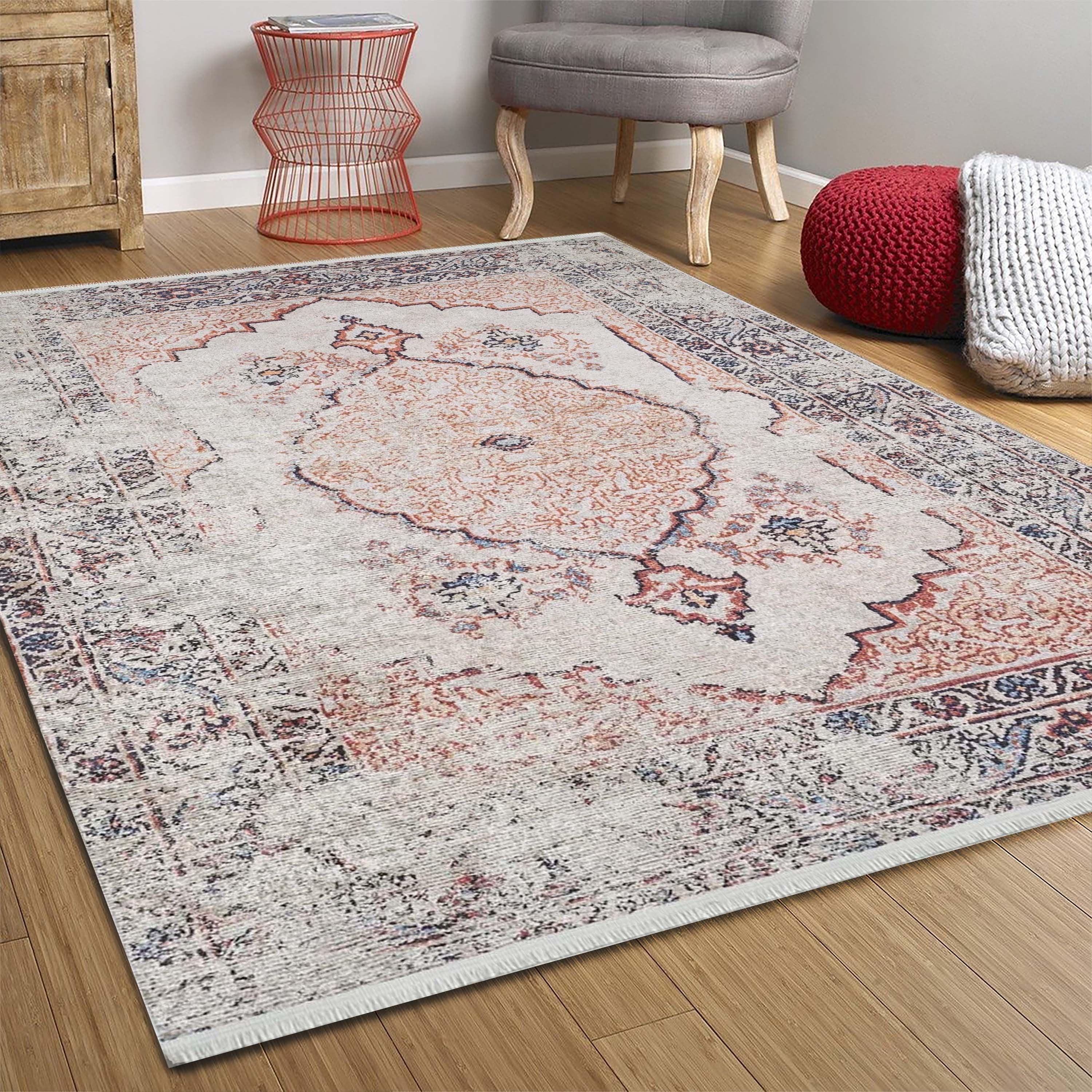 Eskitme Bej Turuncu Desenli Halı-Pera Halı