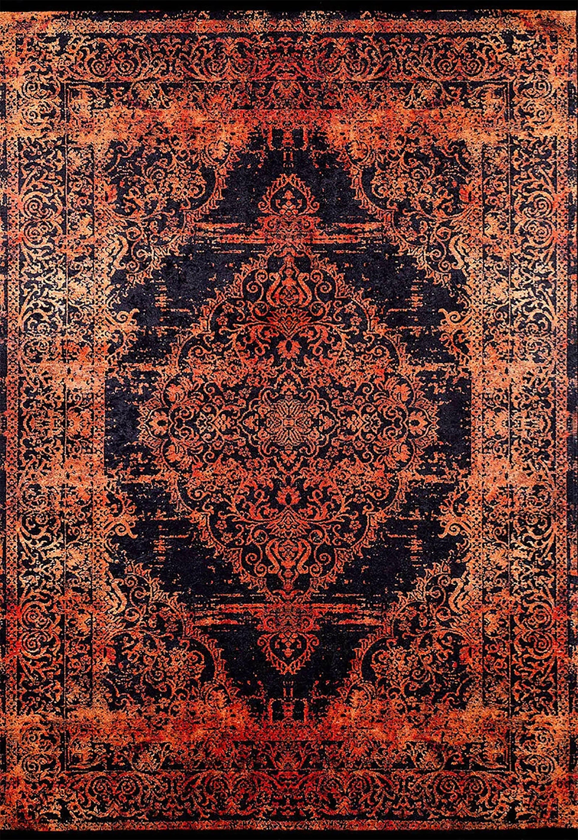 Eskitme Turuncu Siyah Madalyon Halı-Pera Halı