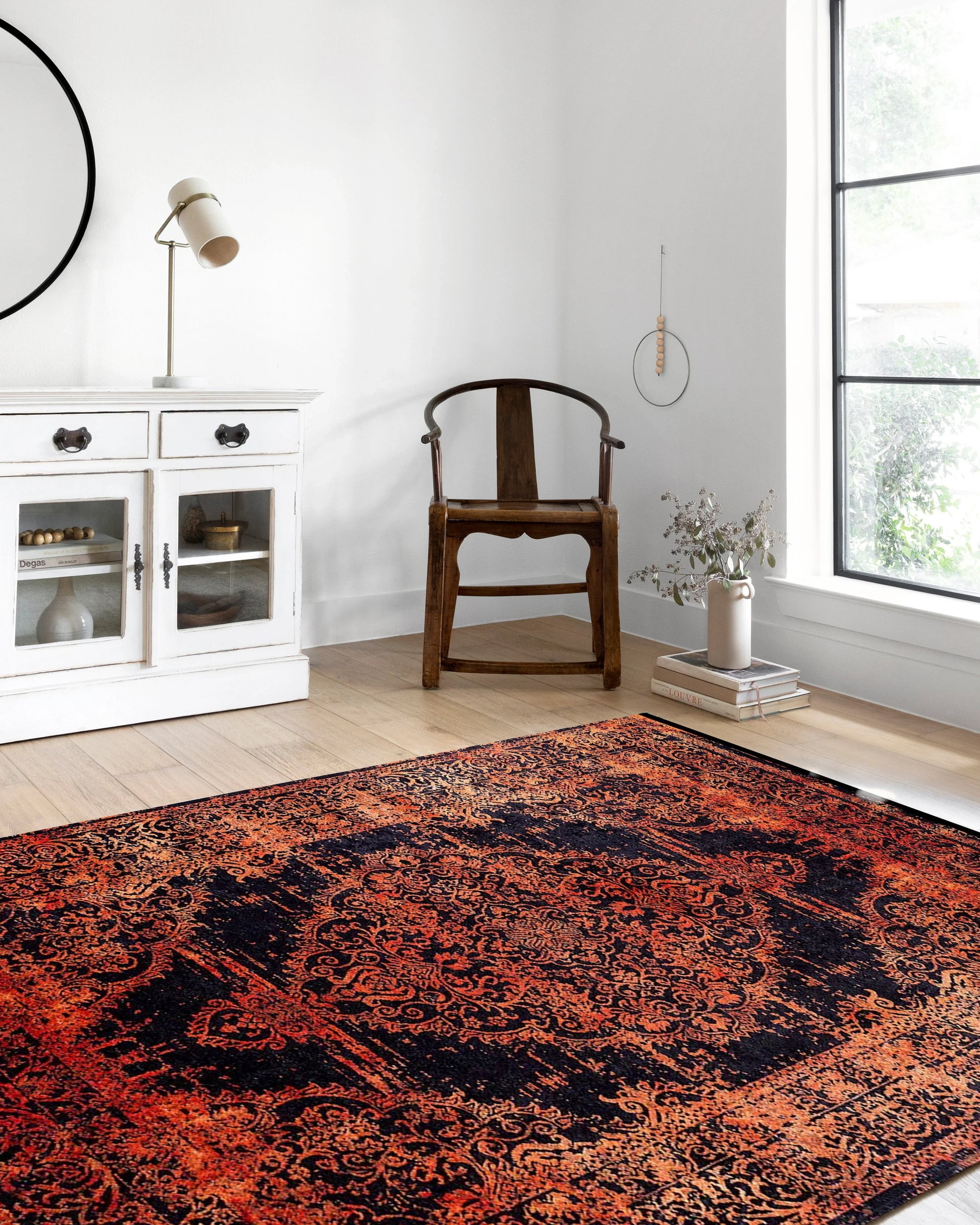 Eskitme Turuncu Siyah Madalyon Halı-Pera Halı