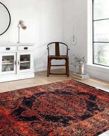 Eskitme Turuncu Siyah Madalyon Halı-Pera Halı