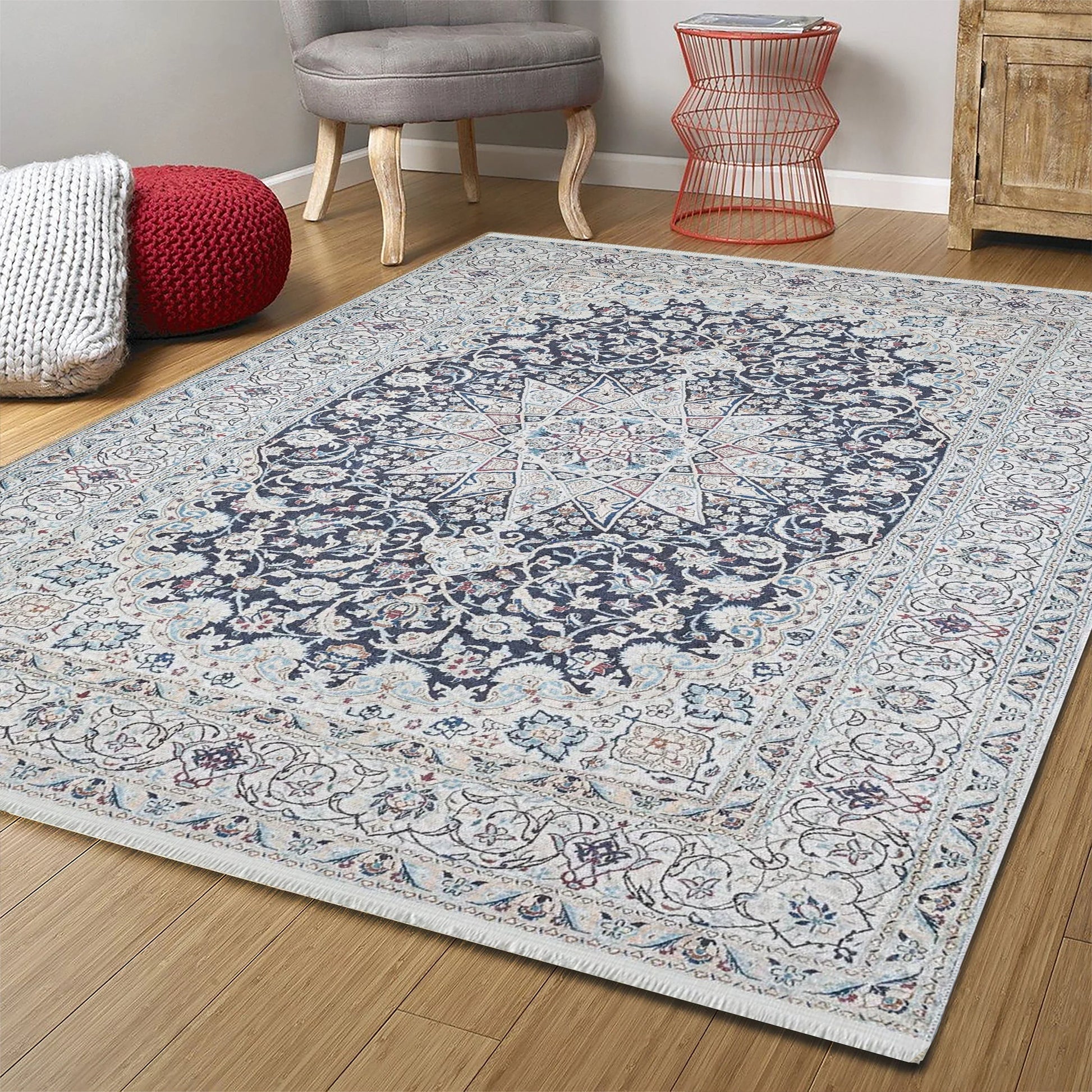 Eşsiz Antik Desenli Beyaz Lacivert Kilim Halı-Pera Halı