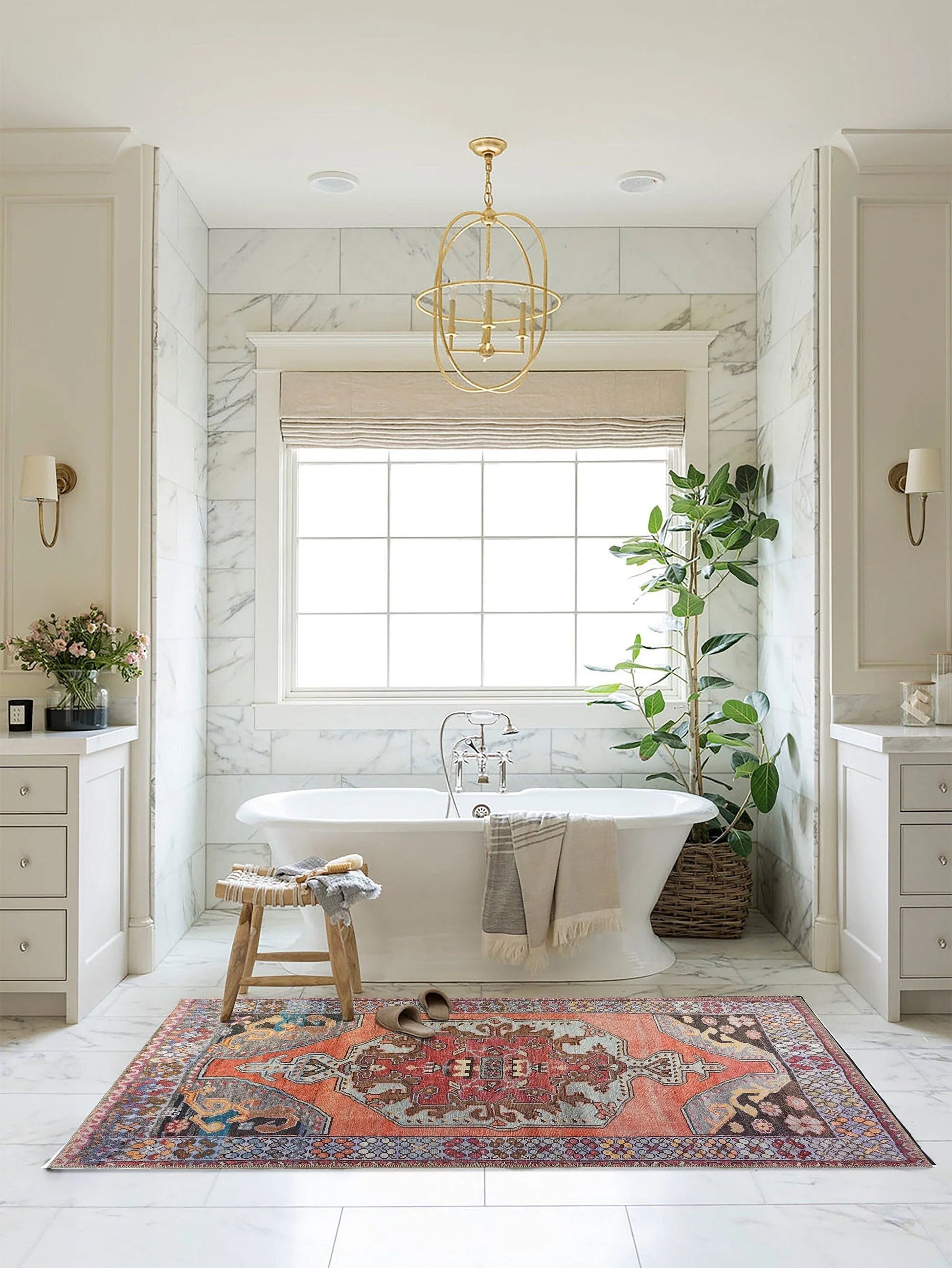 Mercan ve Mor Medalyonlu Vintage Türk Halısı