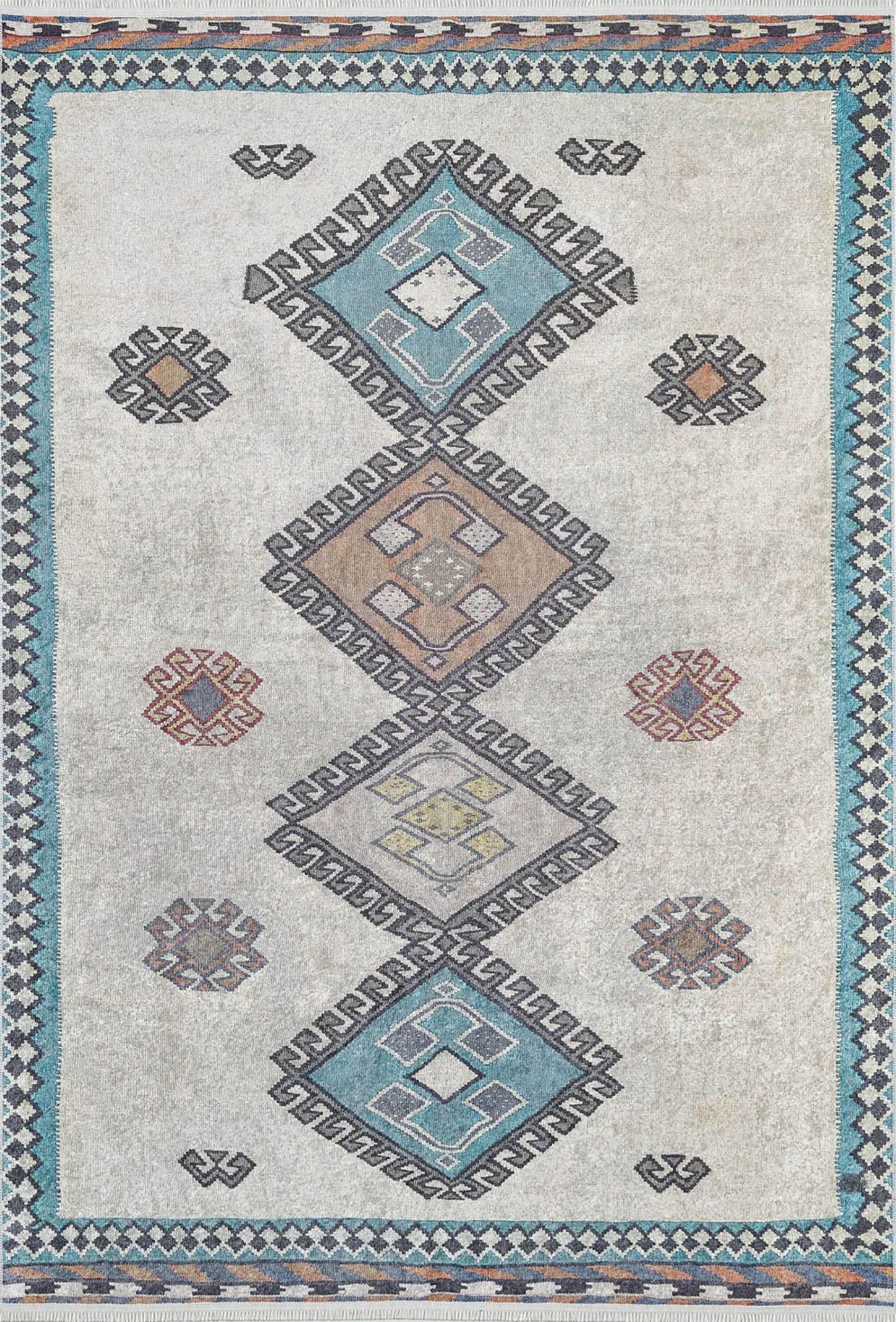 Fas Turkuaz Gri Kilim Halı-Pera Halı