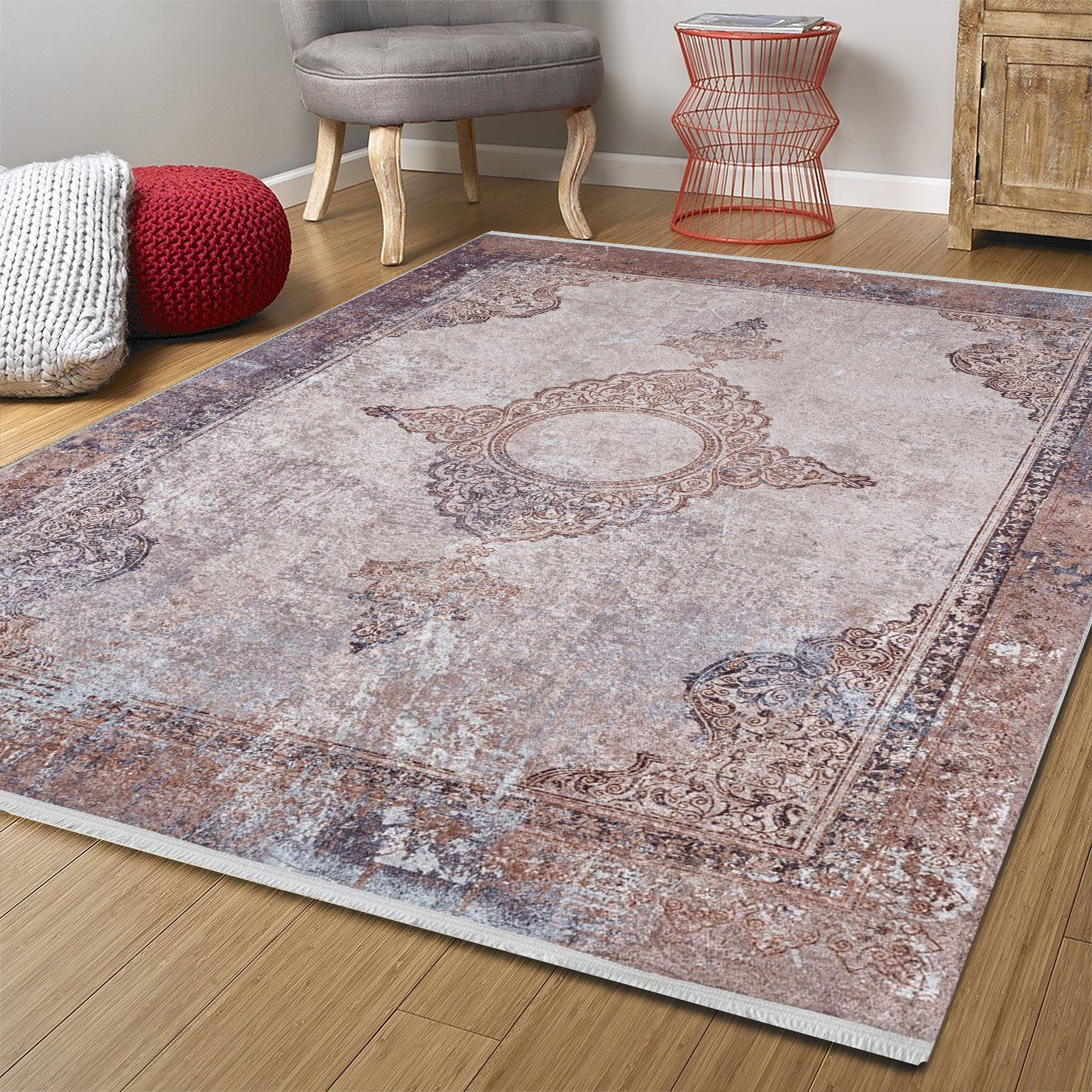 Soluk Pembe Krem Bej Geometrik Desenli Kilim Halı - Pera Halı