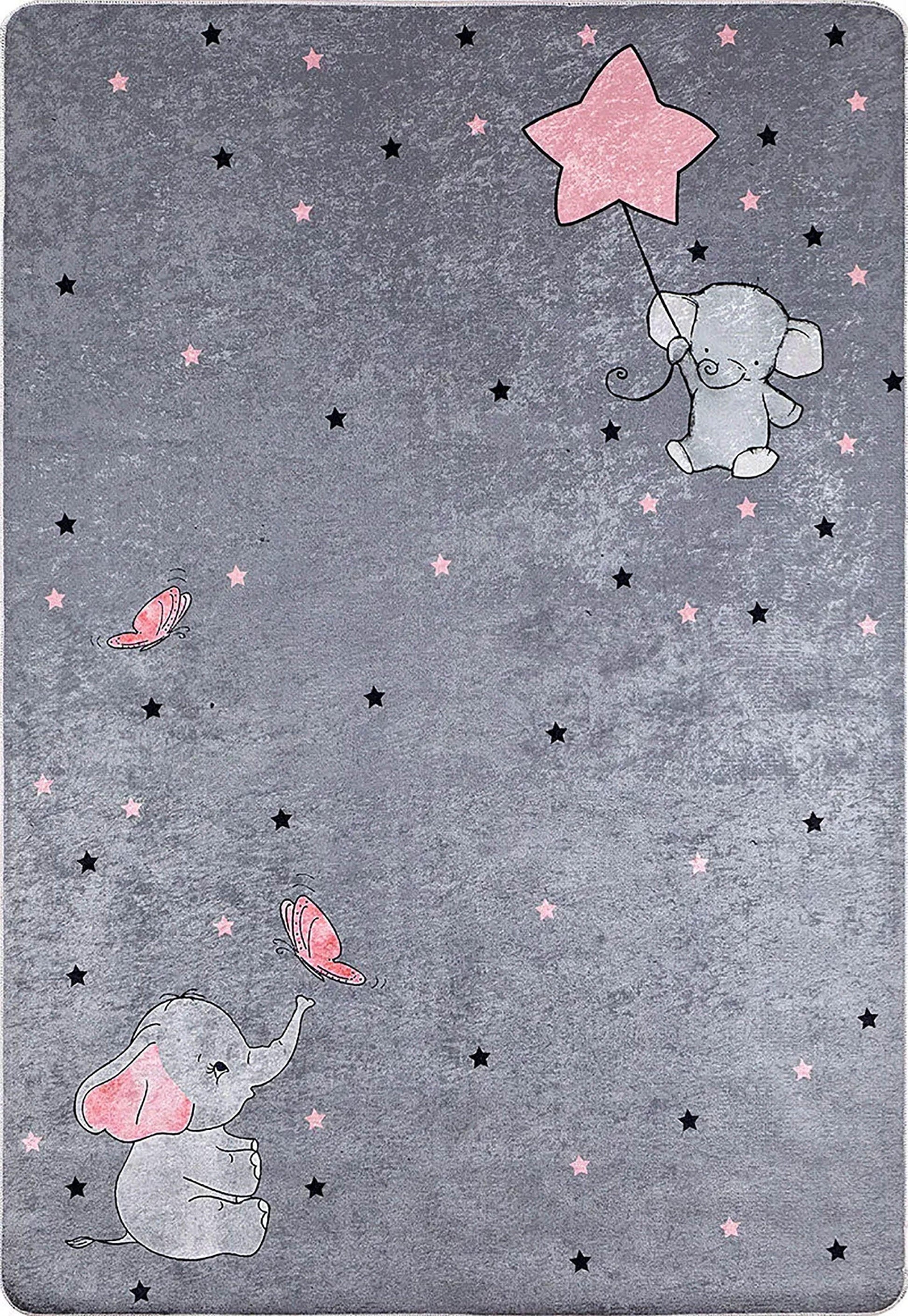 Fil ve Yıldız Desenli Gri Yıkanabilir Çocuk Halısı-Pera Halı