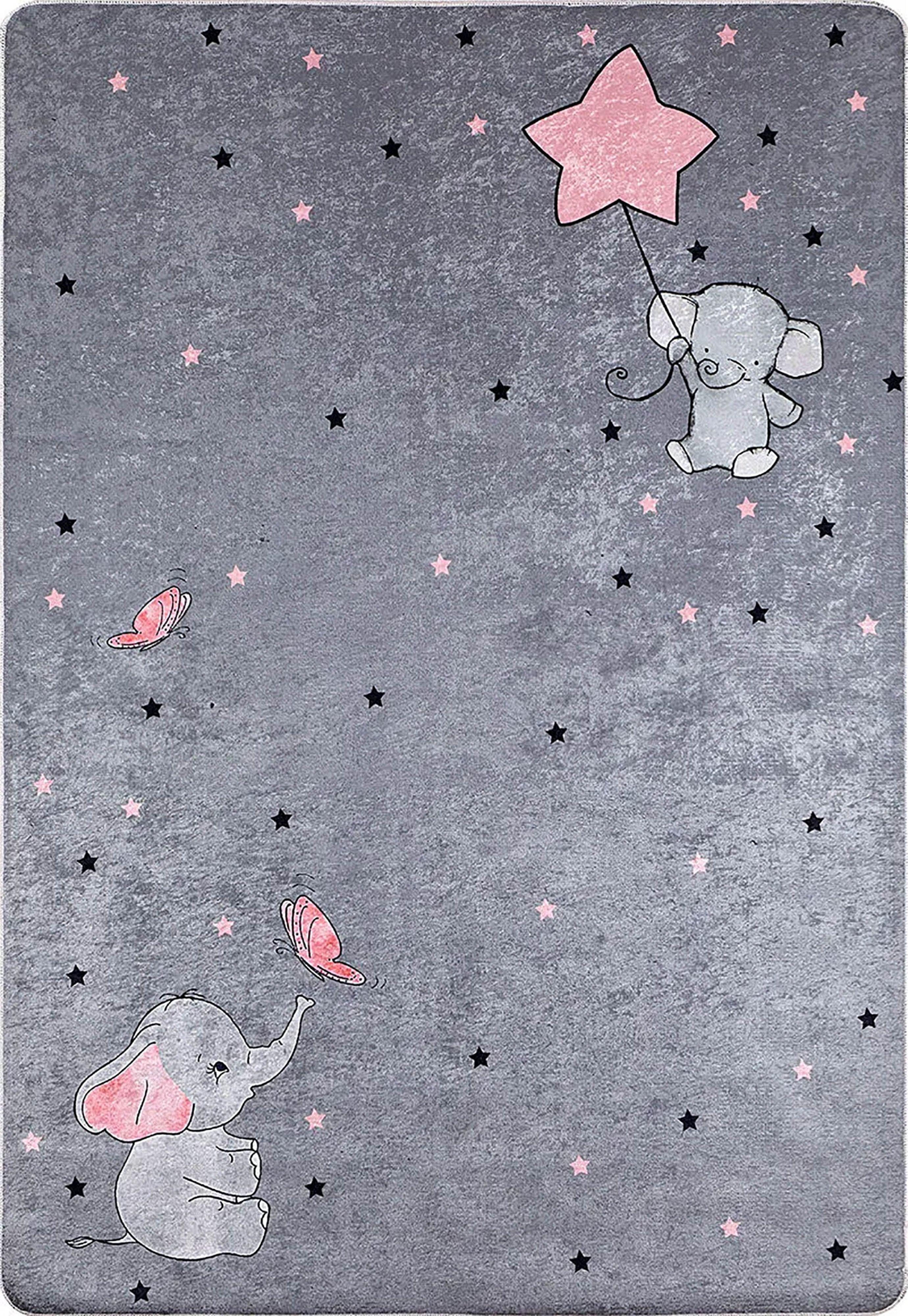 Fil ve Yıldız Desenli Gri Yıkanabilir Çocuk Halısı-Pera Halı