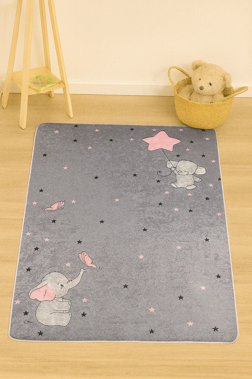 Fil ve Yıldız Desenli Gri Yıkanabilir Çocuk Halısı-Pera Halı