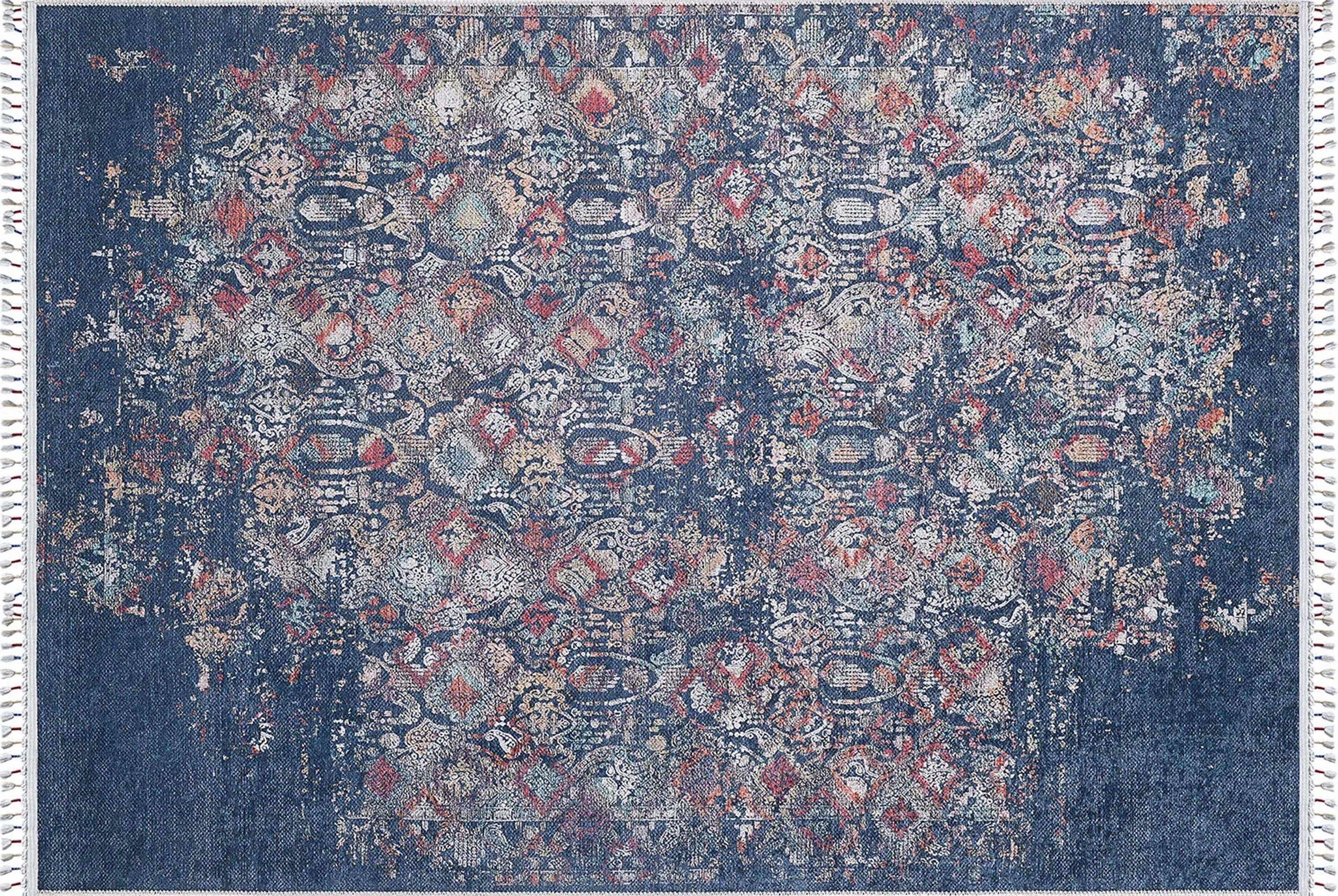 Çiçek Desenli Turkuaz Mavi Vintage Halı - Pera Halı