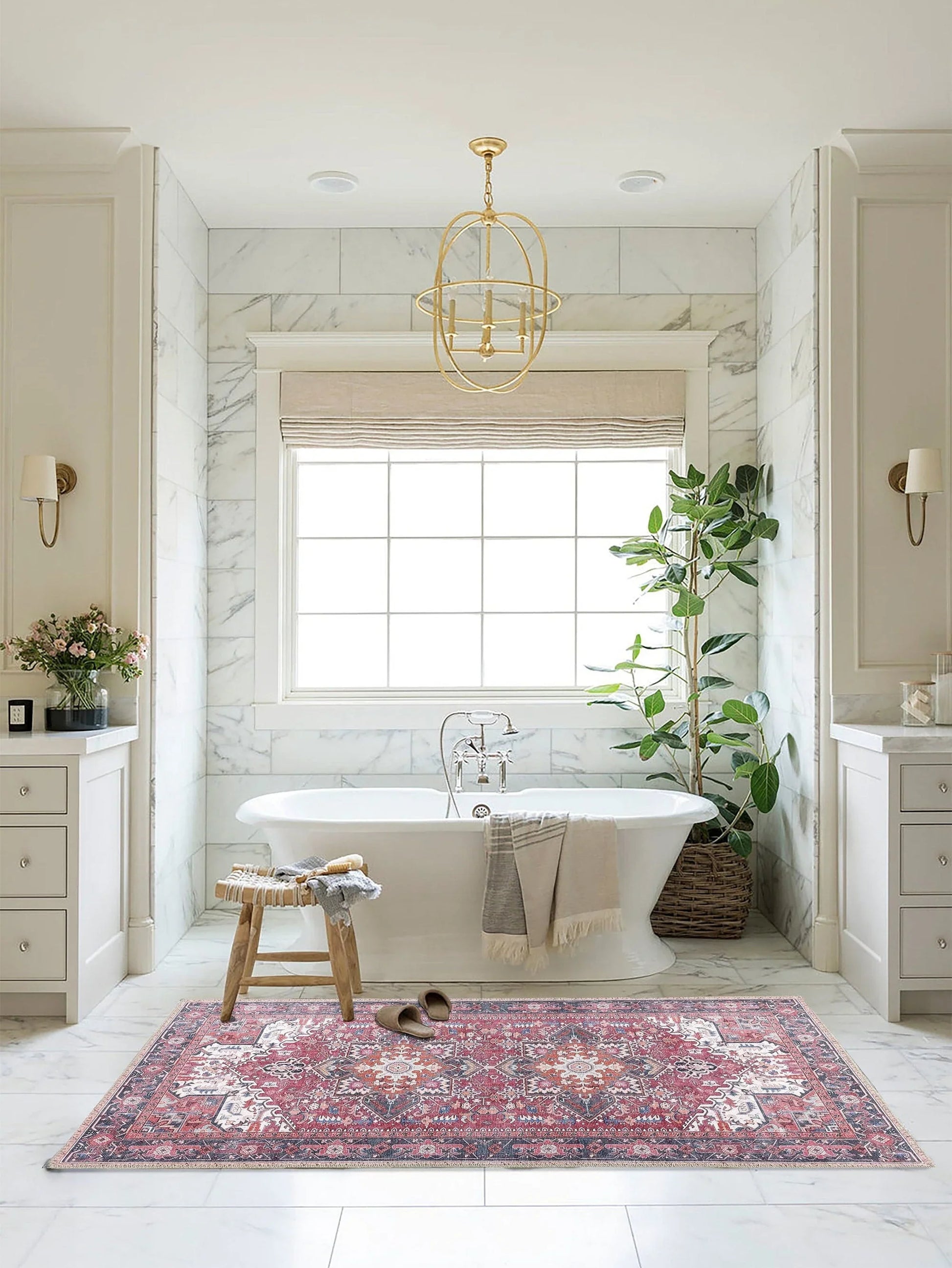 Fușya Pembe ve Kırmızı Madalyon Desenli Vintage Halı-Pera Halı