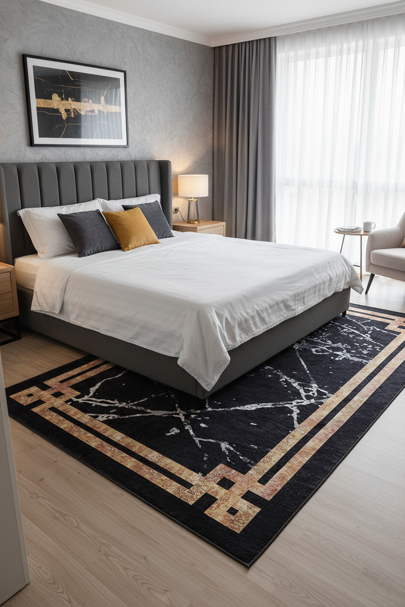 Black Marble Style Bordered Geometric Rug