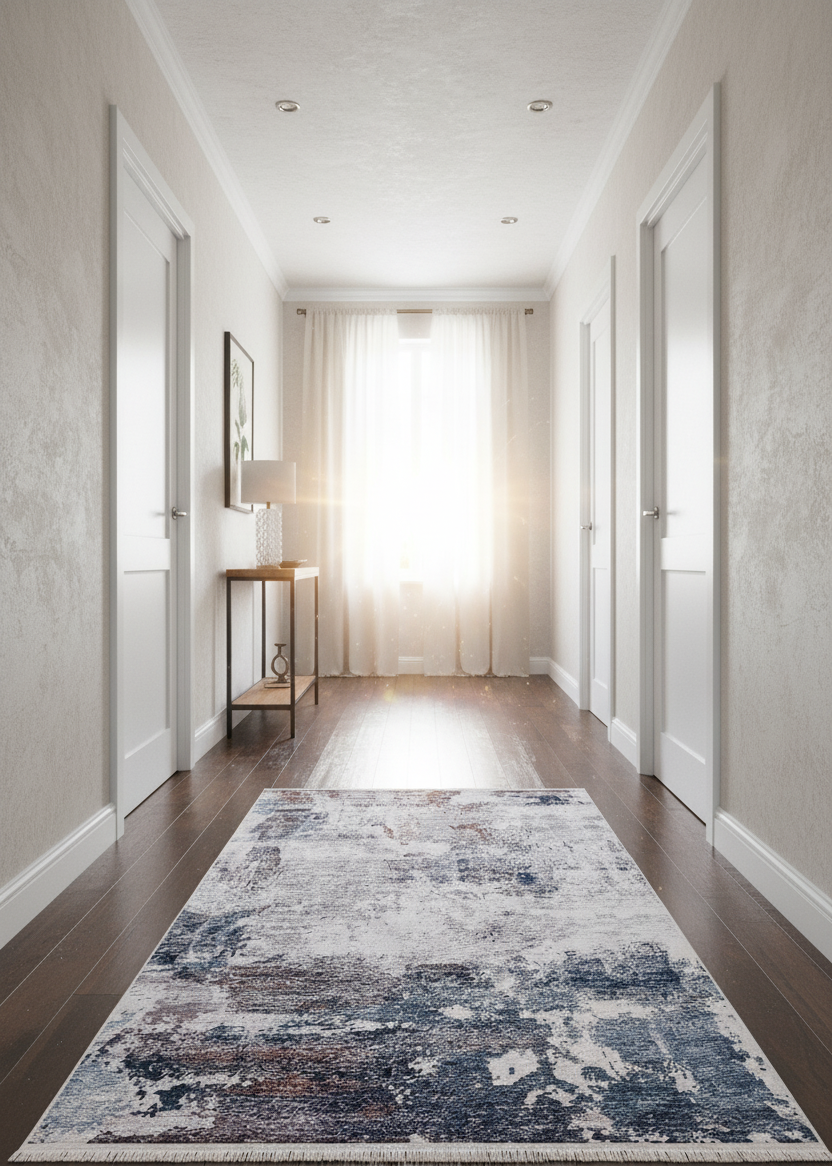 Lacivert, Beyaz ve Kahve Soyut Sanat Halısı | Modern Geçişli Efektli Kilim
