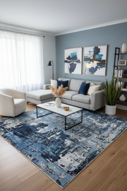 Lacivert ve Beyaz Yoğun Soyut Sanat Halısı | Modern Geçişli Efektli Kilim