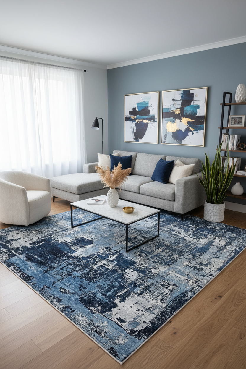 Lacivert ve Beyaz Yoğun Soyut Sanat Halısı | Modern Geçişli Efektli Kilim