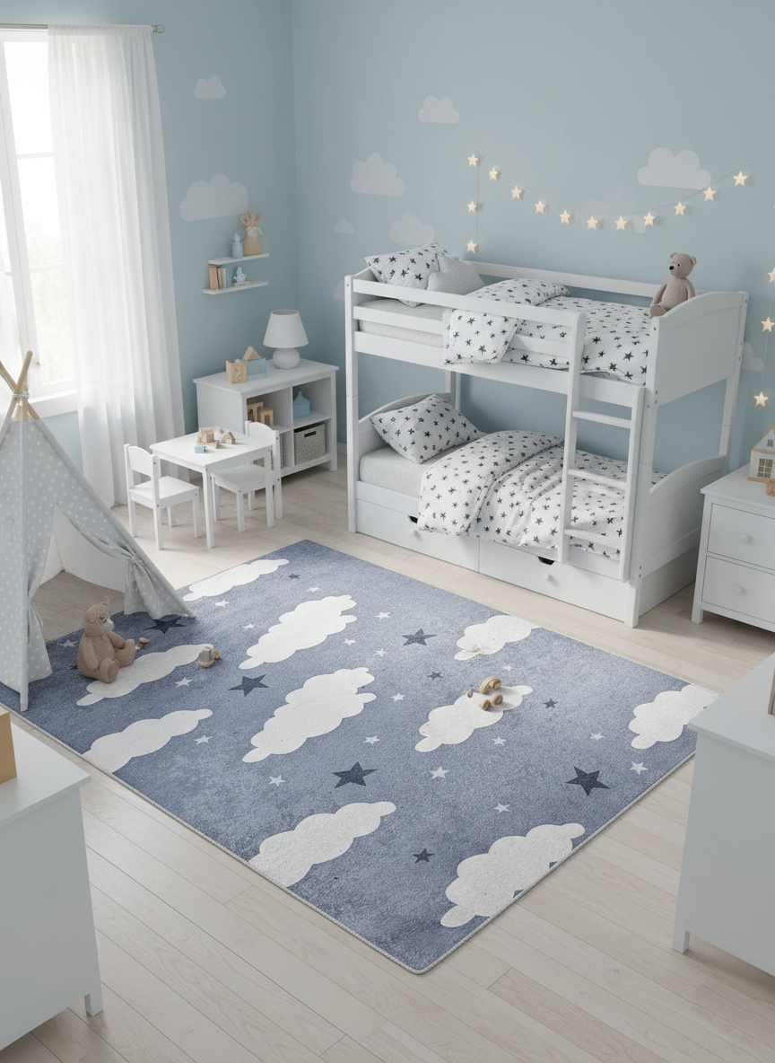 Gray Children's Rug with Cloud and Star Pattern