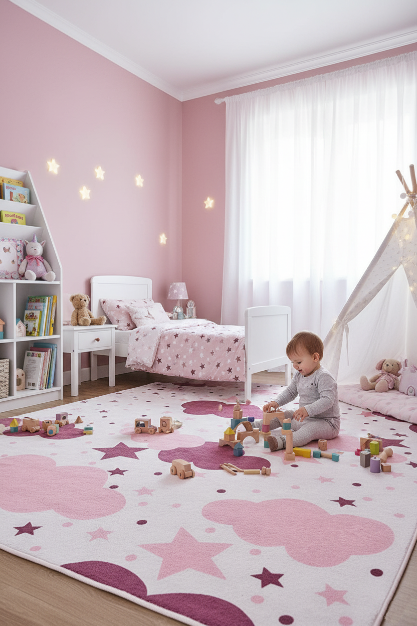Cloud Star Pink Cream Children's Rug