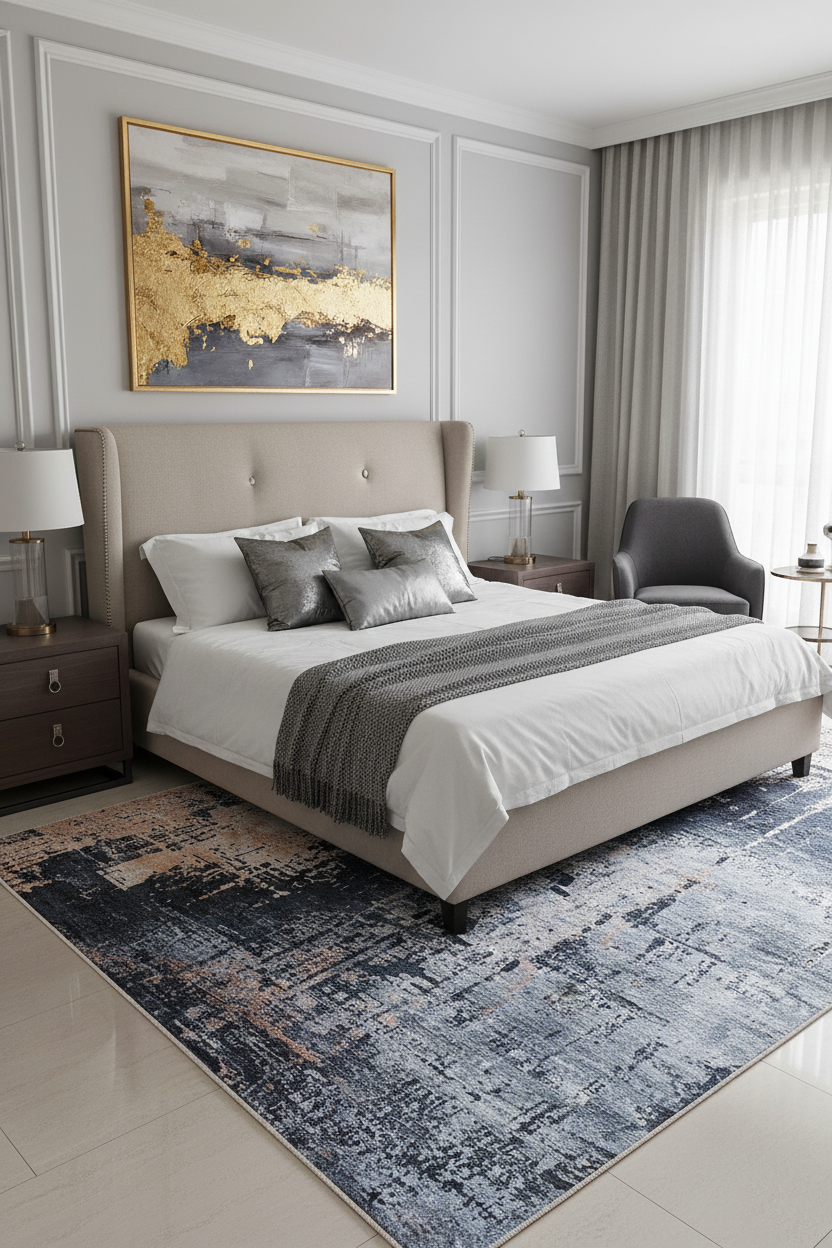 Mavi/Füme ve Bej Tonlarında Soyut Sanat Halısı | Modern Kontrast Efektli Kilim