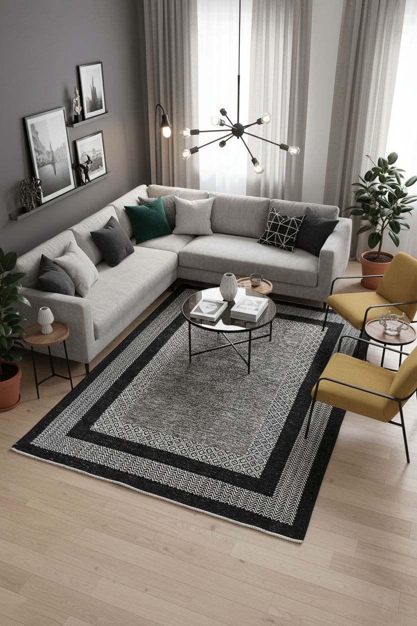 Modern Yıkanabilir Antibakteriyel Salon Halısı – Gri &Siyah, Pamuk & Polyester
