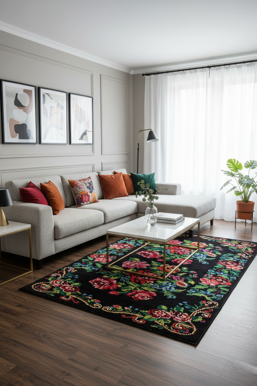 Black Rose Patterned Karabakh Kilim Carpet