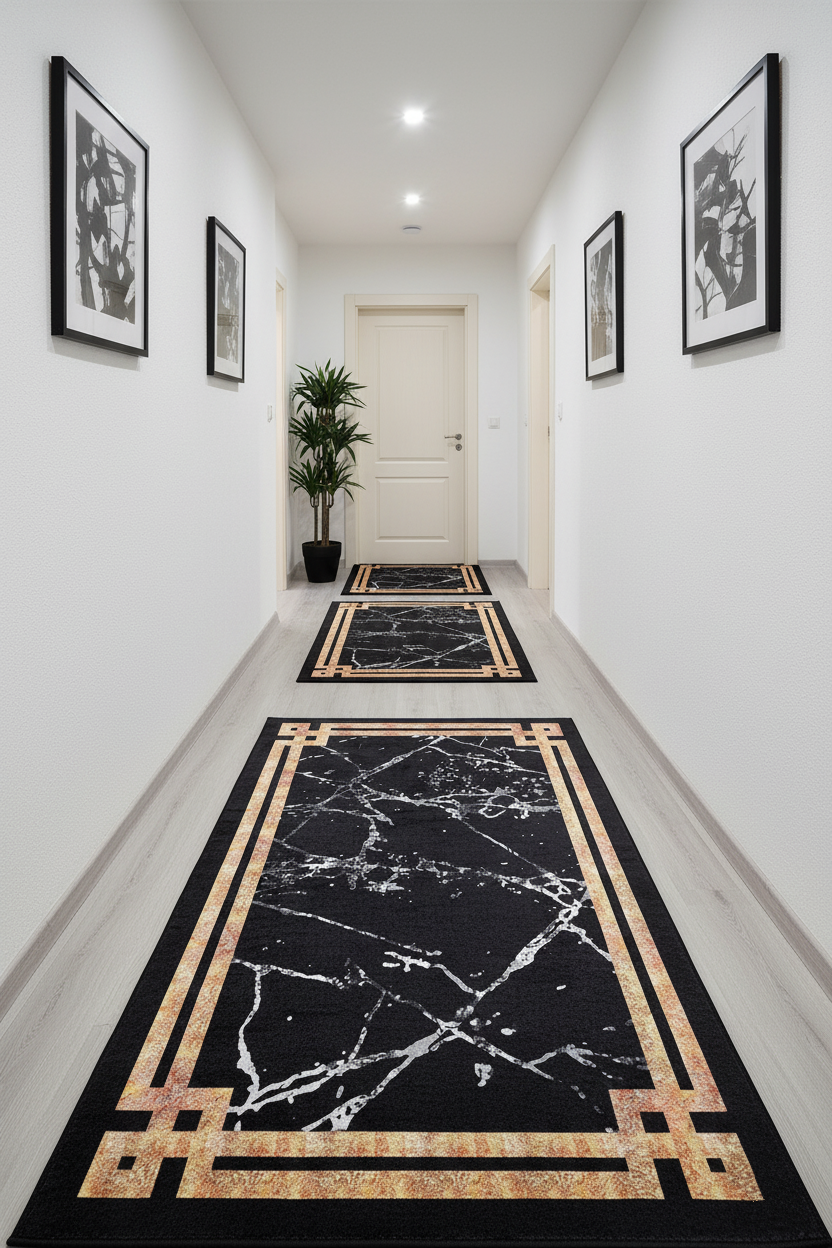 Black Marble Style Bordered Geometric Rug