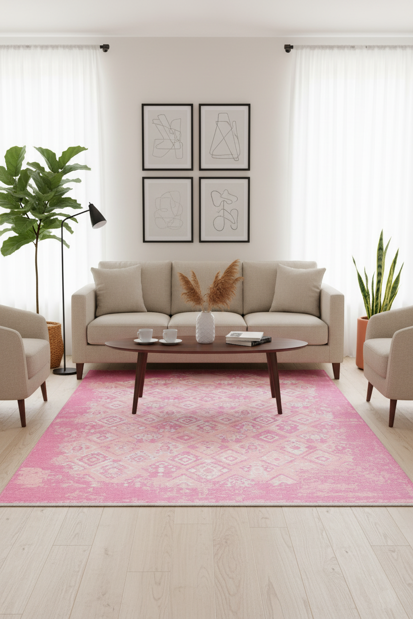Pembe Pamuk Polyester Çift Taraflı Modern Vintage Yıkanabilir Antibakteriyel Halı