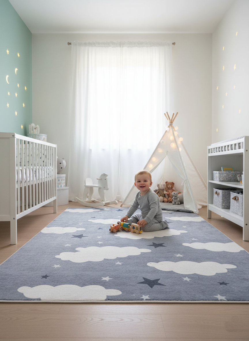 Gray Children's Rug with Cloud and Star Pattern