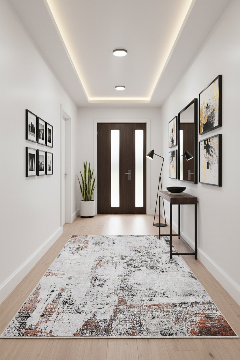 Beyaz, Pas ve Siyah Soyut Sanat Halısı | Modern Endüstriyel Efektli Kilim