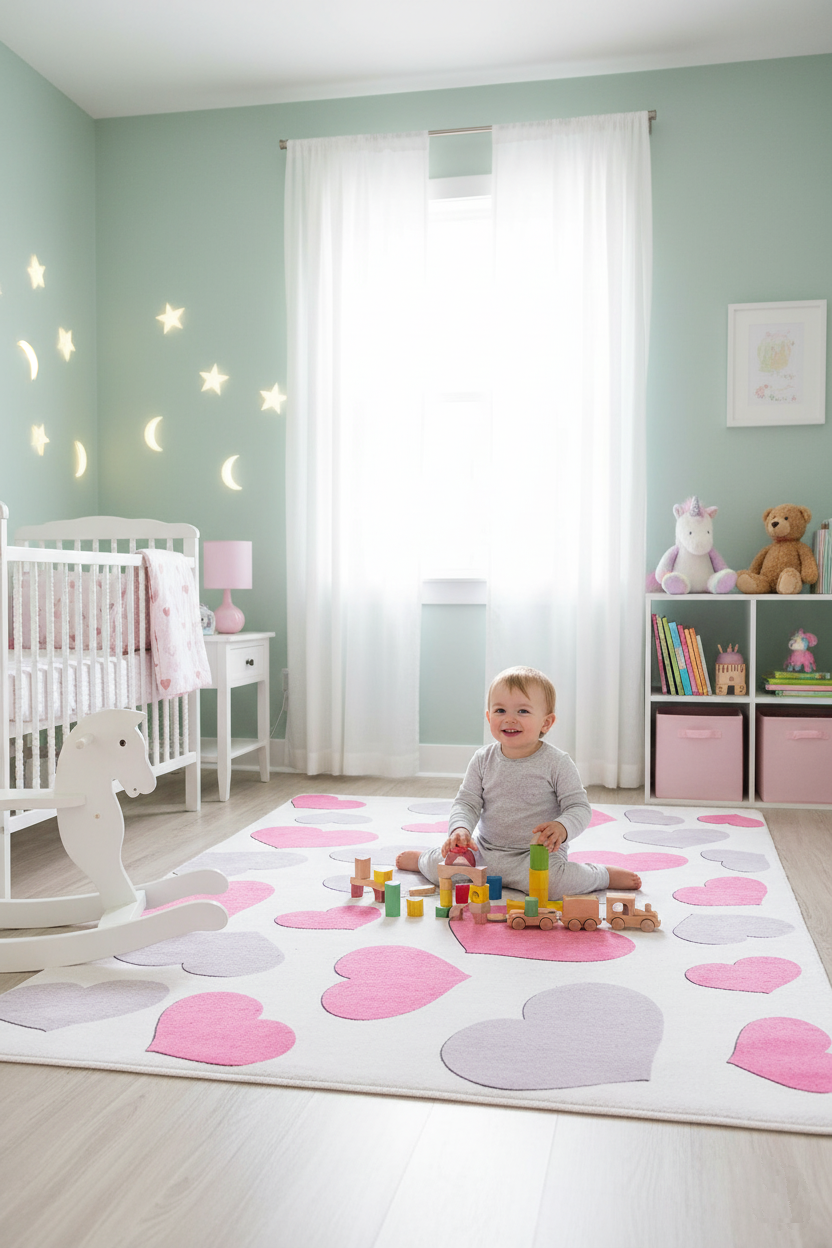 Pink Children's Carpet with Heart Pattern