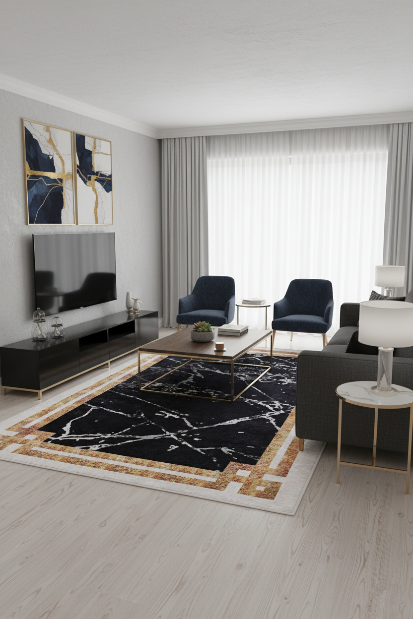 Black and White Marble-Style Bordered Geometric Rug