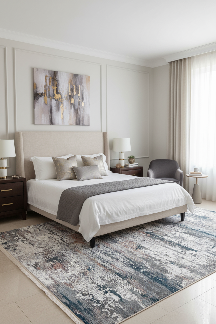 Gri, Beyaz ve Pas Tonlarında Soyut Sanat Halısı | Modern Geçişli Efektli Kilim