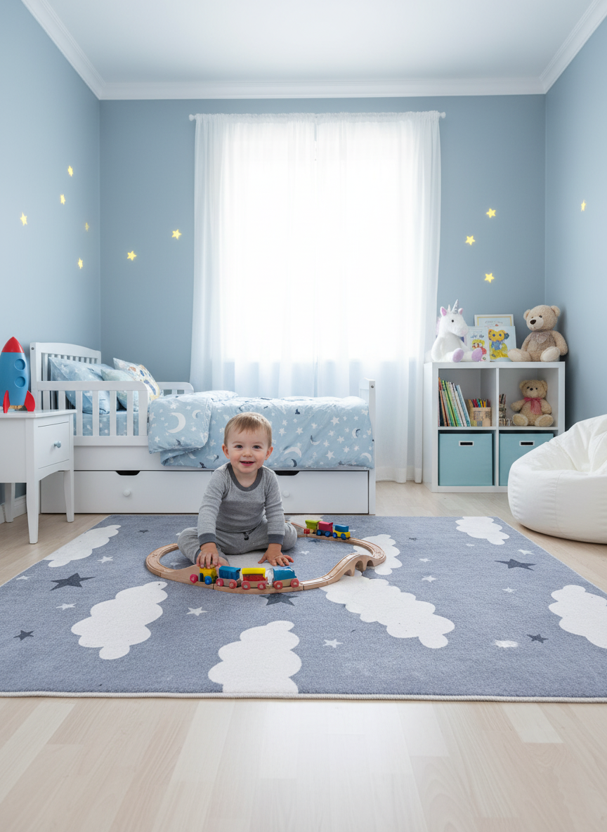 Gray Children's Rug with Cloud and Star Pattern