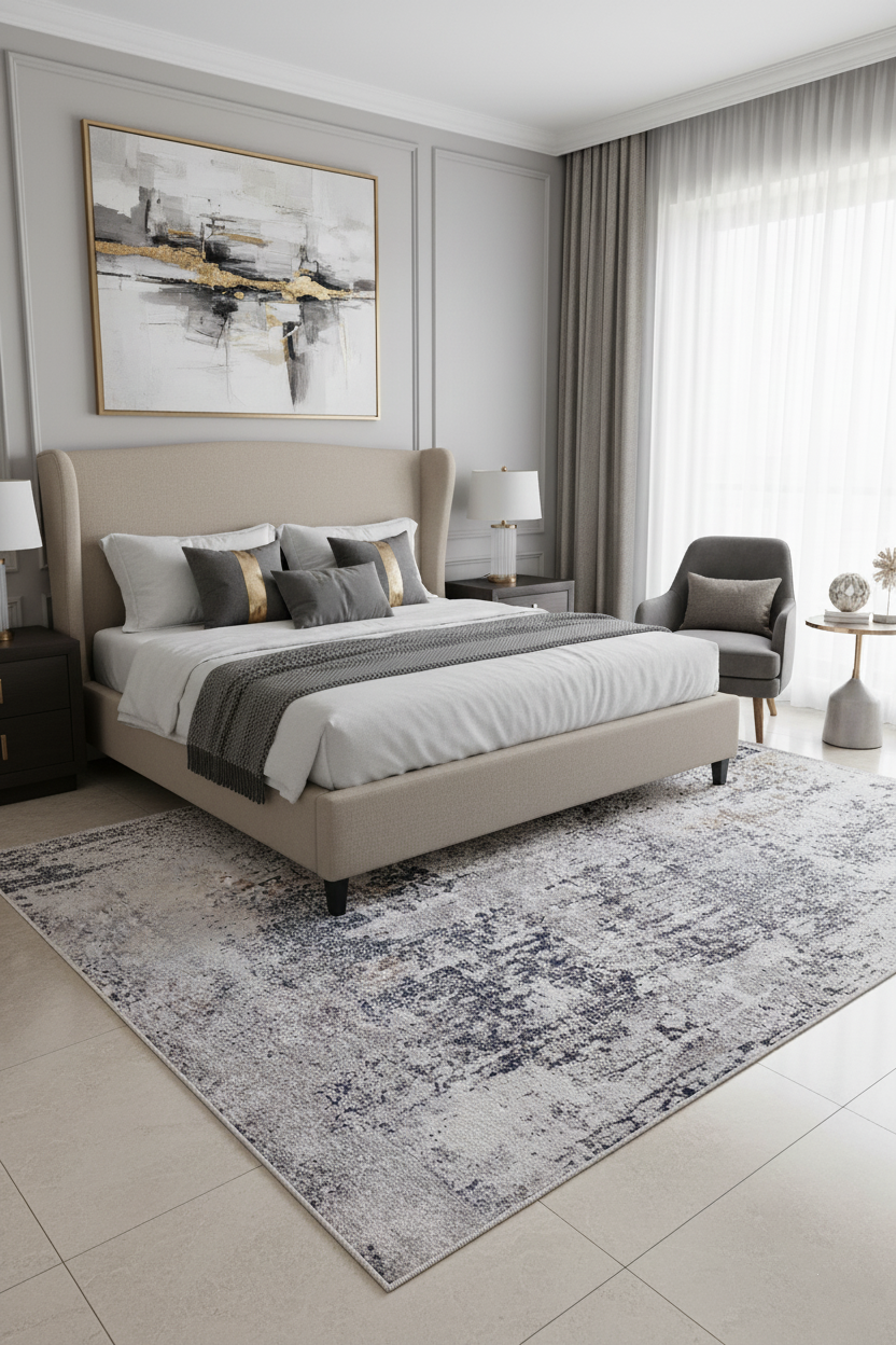 Beyaz/Bej Zemin Üzerine Lacivert & Kahve Soyut Sanat Halısı | Modern Geçişli Kilim