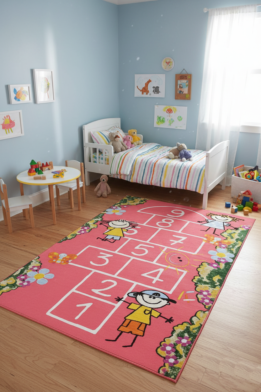 Pembe Seksek Desenli Çocuk Halısı – Çizgi Karakterli, Yıkanabilir