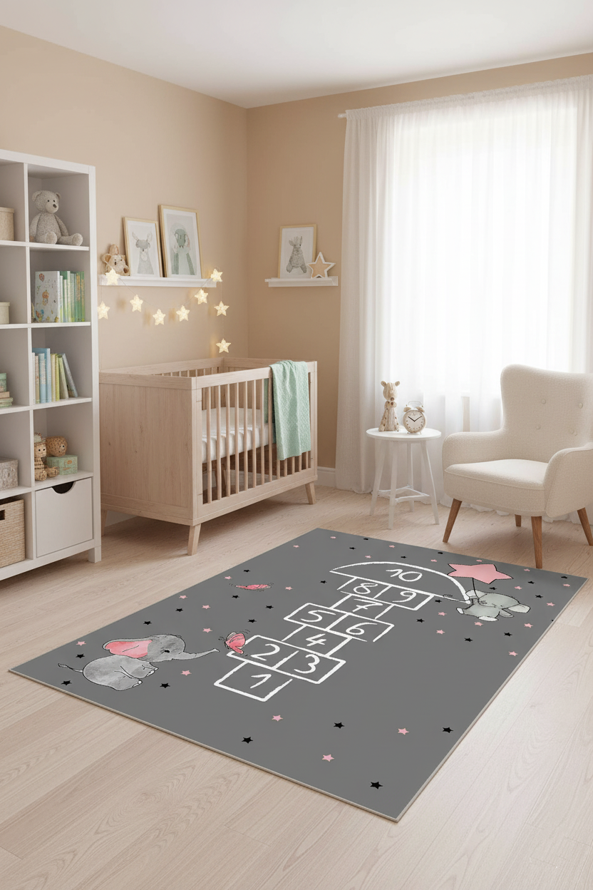 Filler ve Seksek Gri Çocuk Oyun Halısı