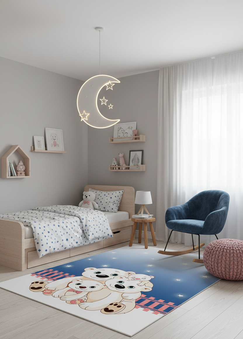 Sevimli Kutup Ayıları Desenli Mavi Çocuk Halısı