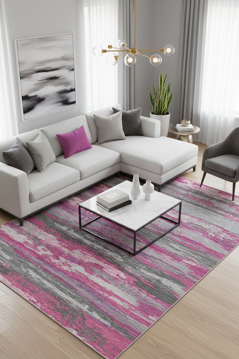 Canlı Fuşya ve Gri Soyut Sanat Halısı | Modern Geçişli Tasarım Kilim