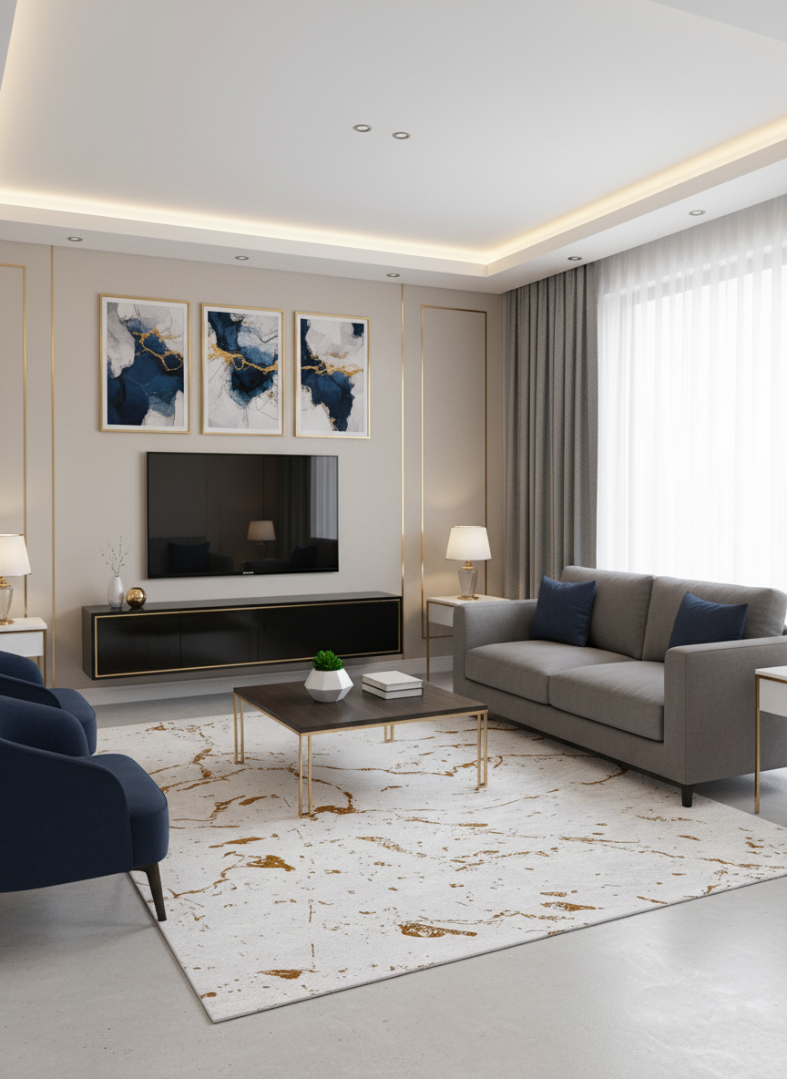 Mermer Desenli Krem Altın Modern Halı