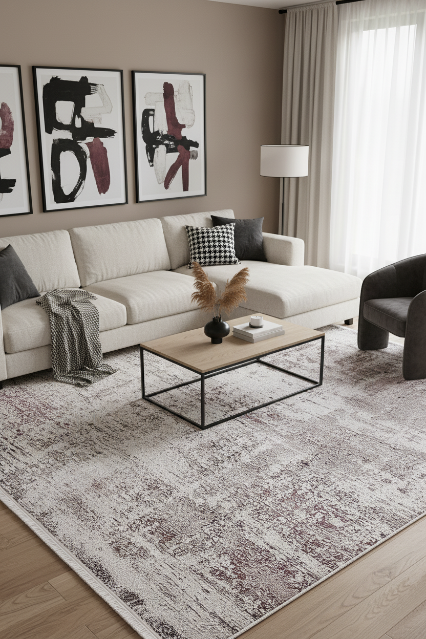 Krem, Bordo ve Gri Soyut Sanat Halısı | Modern Geçişli Efektli Kilim