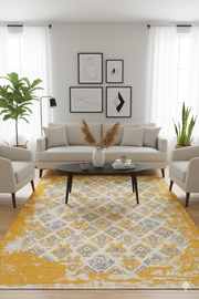 Gri Sarı Pamuk Polyester Çift Taraflı Modern Vintage Yıkanabilir Antibakteriyel Halı