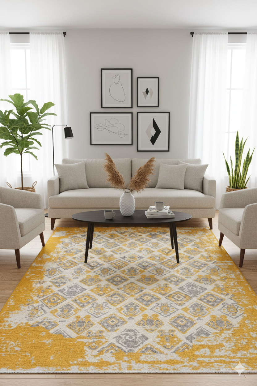 Gri Sarı Pamuk Polyester Çift Taraflı Modern Vintage Yıkanabilir Antibakteriyel Halı