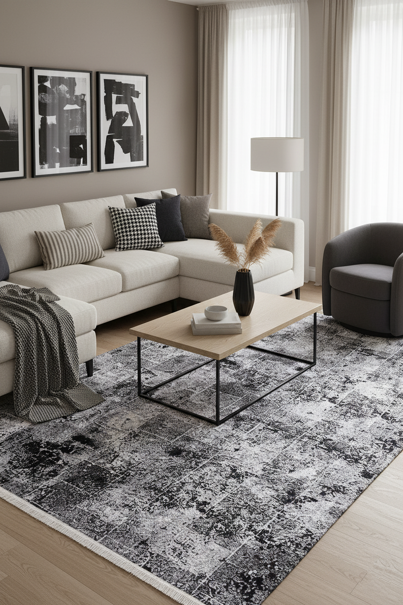 Siyah Beyaz Geçişli Soyut Halı | Modern Karo Efektli Tasarım Kilim