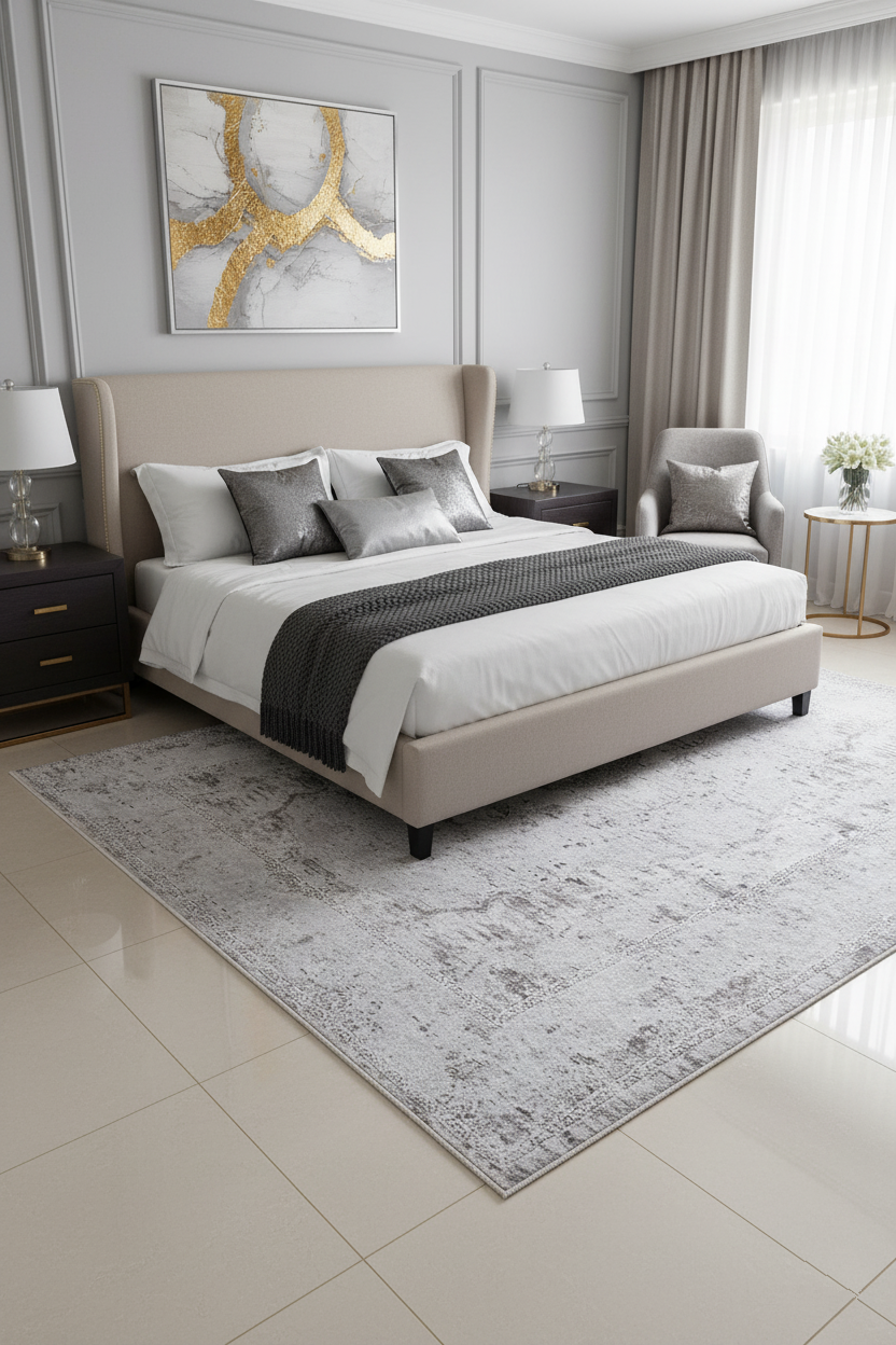 Açık Gri Vintage Desenli Yıkanabilir Halı | Modern Eskitme Efektli Kilim