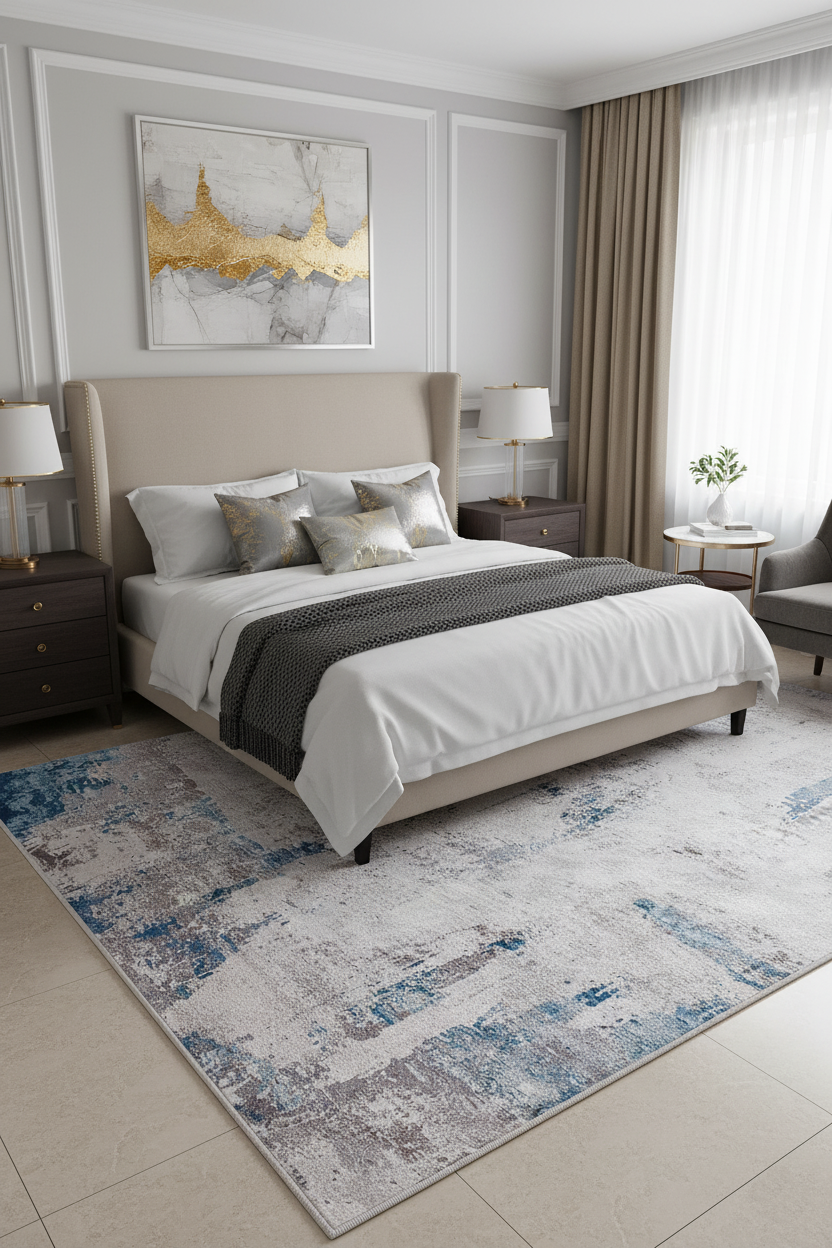 Beyaz, Mavi ve Gri Soyut Sanat Halısı | Modern Geçişli Efektli Kilim