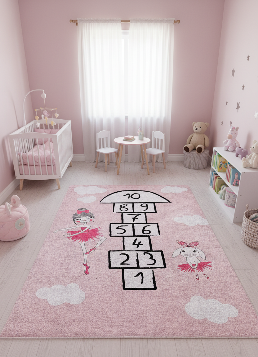 Pembe Seksek ve Balerin Desenli Çocuk Halısı – Yıkanabilir